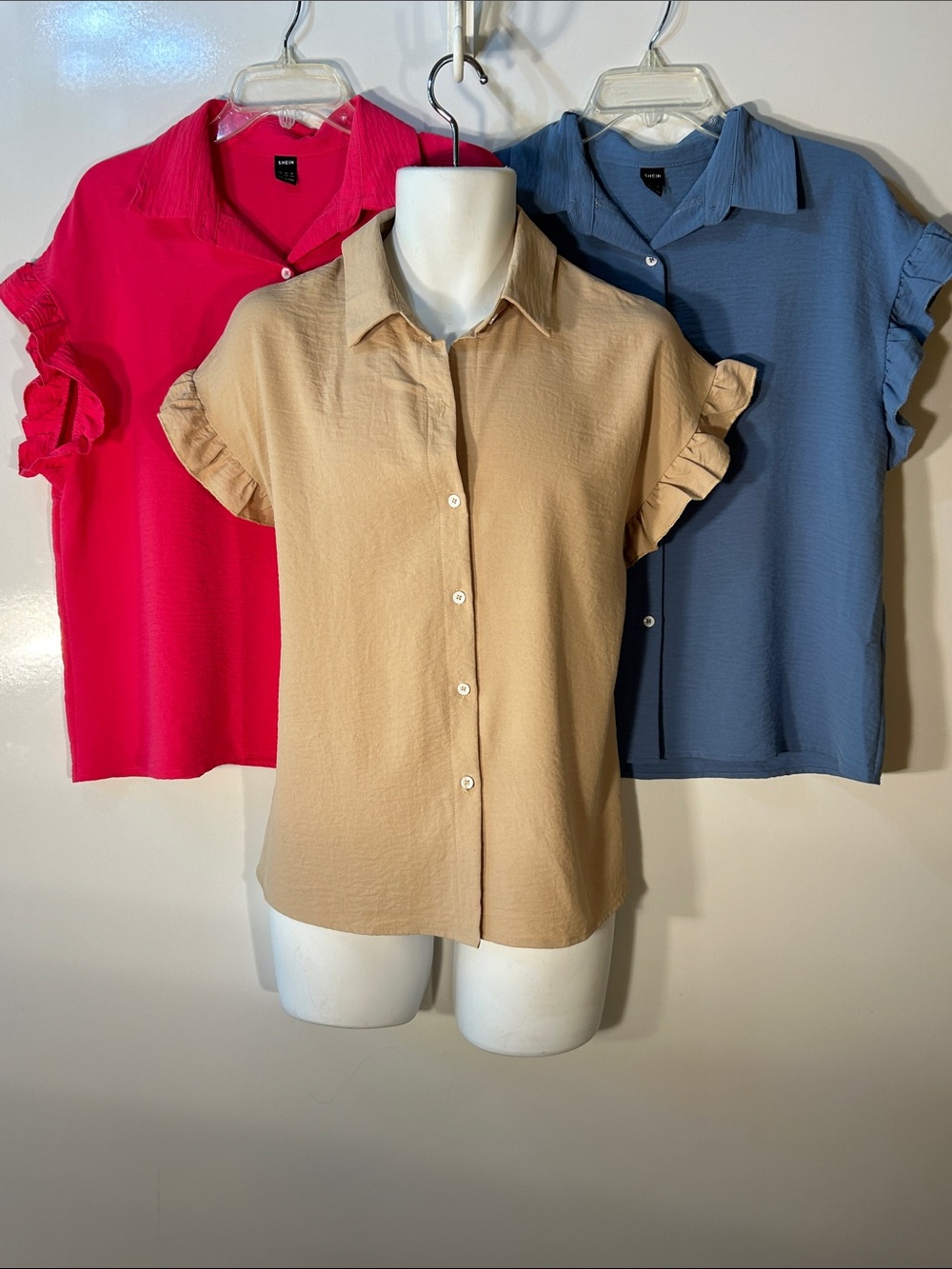 Shein (3) Button Down Blouses Beige Blue Pink Closest Staple Basic Office Layers